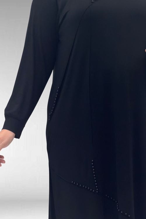 68005 Büyük Beden İnci Çakma Detaylı Penye Tunik - Siyah