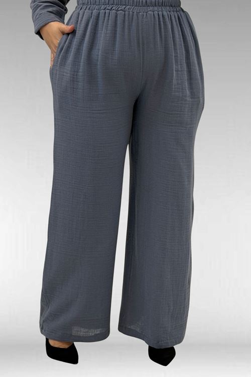 67023 Büyük Beden Önü Pile Detaylı Müslin Pantolonlu Takım - Antrasit