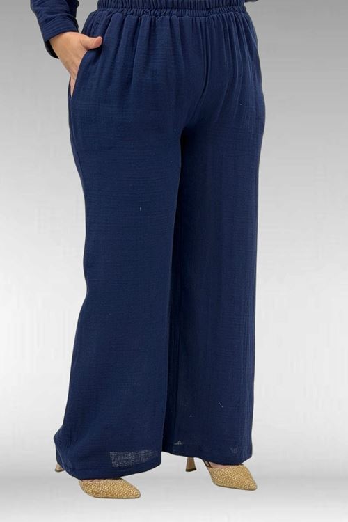 67023 Büyük Beden Önü Pile Detaylı Müslin Pantolonlu Takım - Lacivert