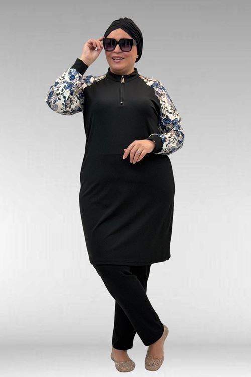 1732 Büyük Beden Balıkçı Yaka Fermuarlı Mayo - Yaprak Desen Mavi-Siyah