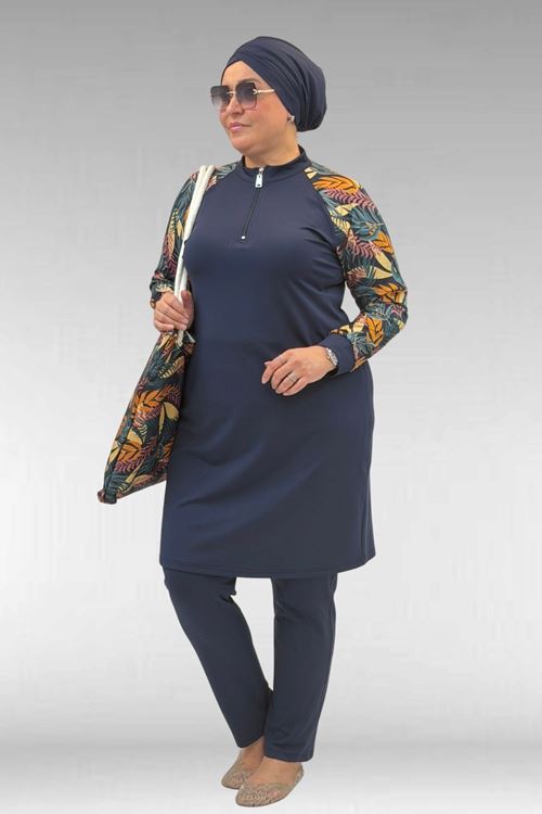 1732 Büyük Beden Balıkçı Yaka Fermuarlı Mayo - Yaprak Desen Hardal-Laci