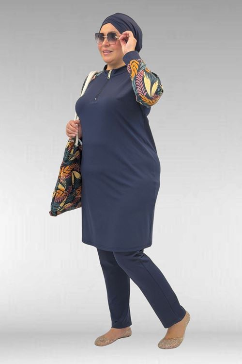 1732 Büyük Beden Balıkçı Yaka Fermuarlı Mayo - Yaprak Desen Hardal-Laci