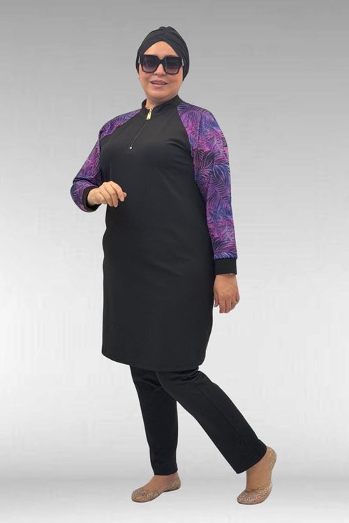 1732 Büyük Beden Balıkçı Yaka Fermuarlı Mayo - Yaprak Desen Mor-Siyah