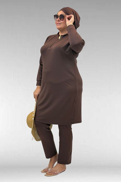 1732 Büyük Beden Balıkçı Yaka Fermuarlı Mayo - Kahve