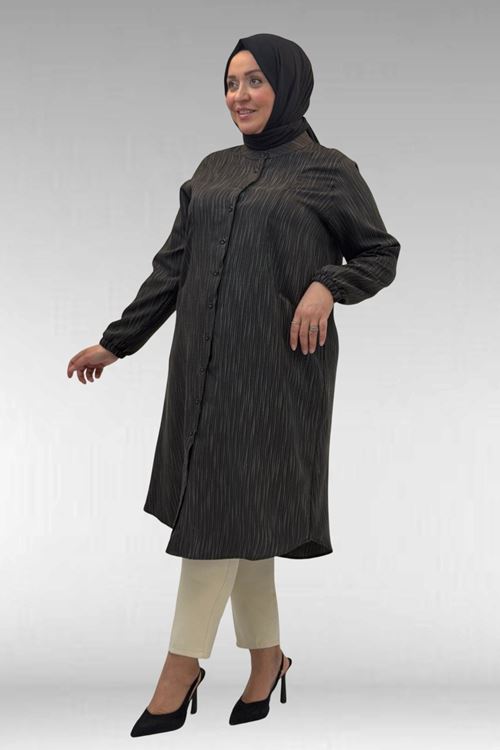 68017 Büyük Beden Hakim Yakalı Kolları Lastikli Tunik - Siyah