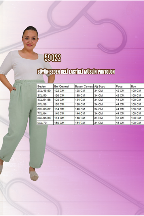 59022 Büyük Beden Paçası Yarım Lastikli Müslin Pantolon - Lacivert