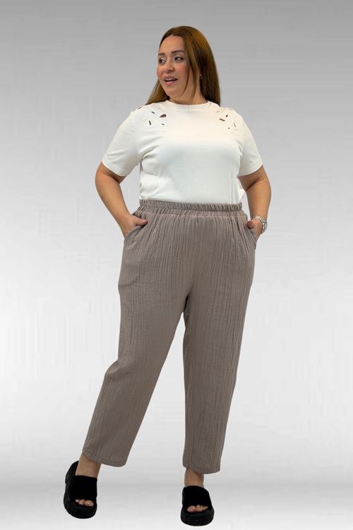 59022 Büyük Beden Paçası Yarım Lastikli Müslin Pantolon - Vizon