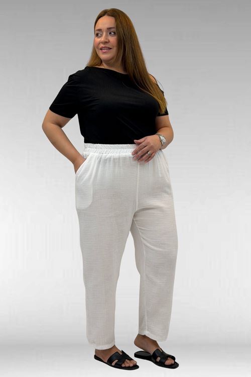 59022 Büyük Beden Paçası Yarım Lastikli Müslin Pantolon - Ekru