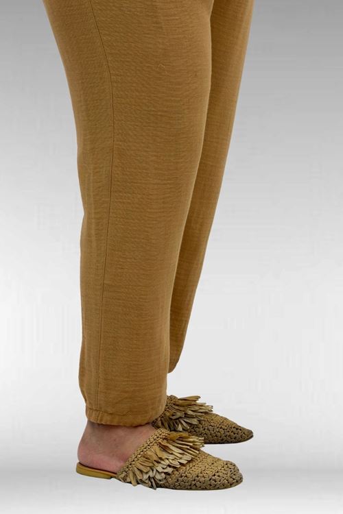 59022 Büyük Beden Paçası Yarım Lastikli Müslin Pantolon - Bisküvi