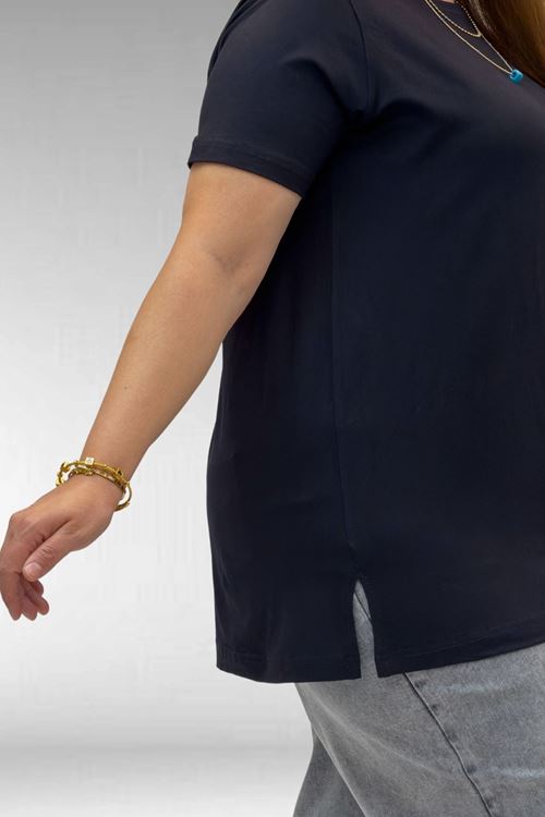 58507 Büyük Beden Yakası Biyeli Penye Tişört - Siyah