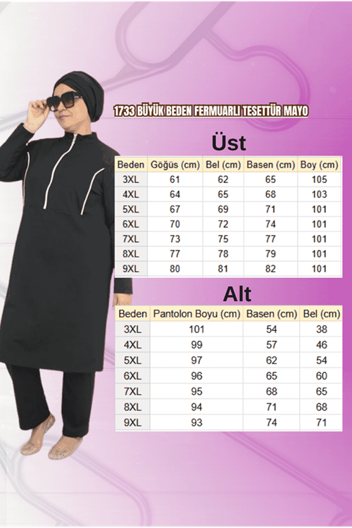 1733 Büyük Beden Fermuarlı Tesettür Mayo - Siyah