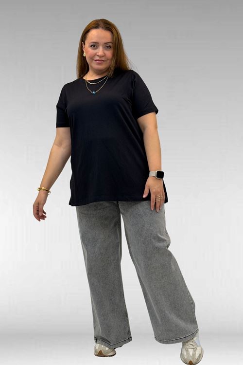 58507 Büyük Beden Yakası Biyeli Penye Tişört - Siyah