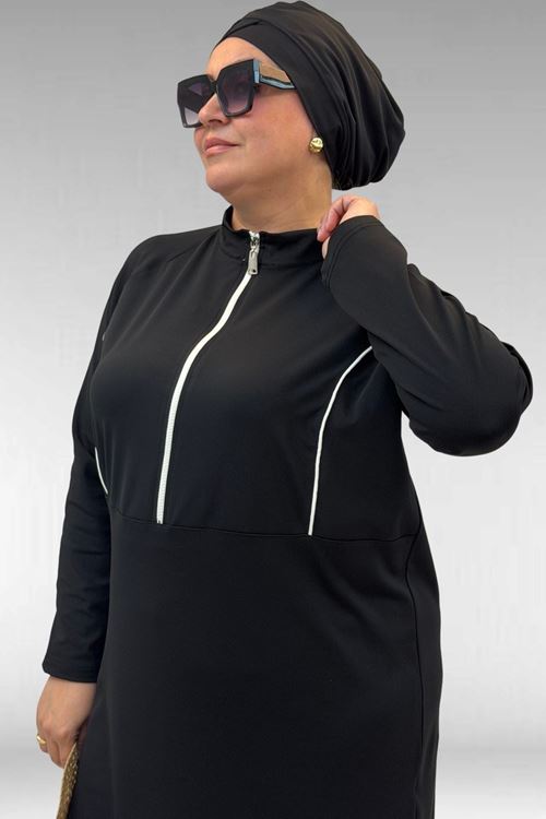 1733 Büyük Beden Fermuarlı Tesettür Mayo - Siyah