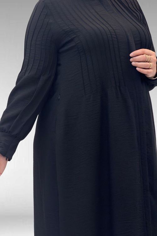 66004 Büyük Beden Pile Detaylı Keten Ferace - Siyah