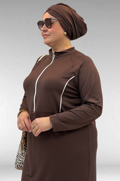 1733 Büyük Beden Fermuarlı Tesettür Mayo - Kahve