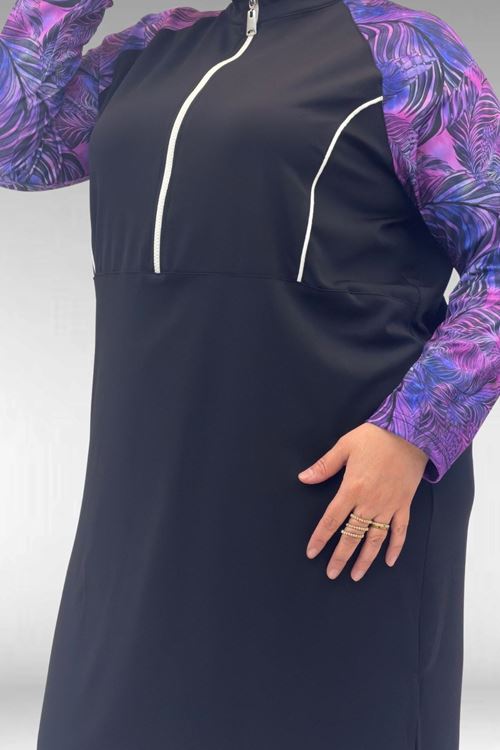 1733 Büyük Beden Fermuarlı Tesettür Mayo - Yaprak Desen Mor-Siyah