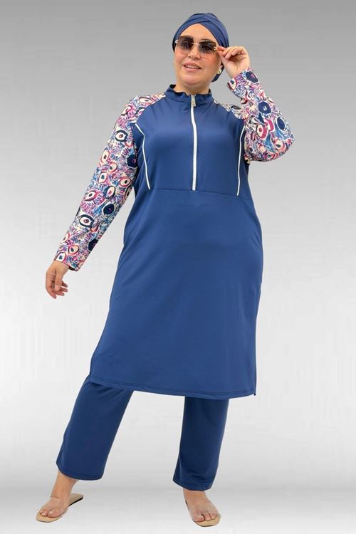1733 Büyük Beden Fermuarlı Tesettür Mayo - Göz Desen İndigo-İndigo