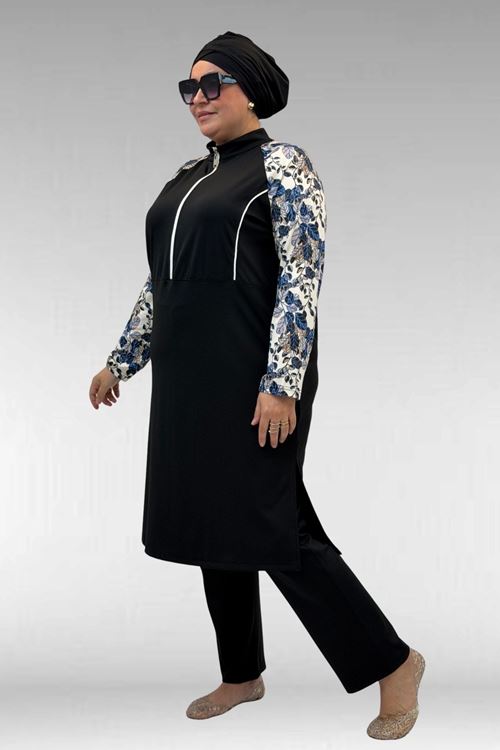 1733 Büyük Beden Fermuarlı Tesettür Mayo - Yaprak Desen Mavi-Siyah