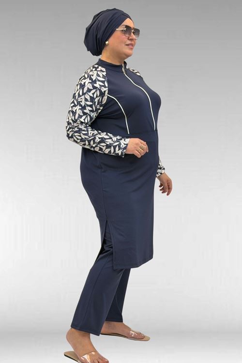 1733 Büyük Beden Fermuarlı Tesettür Mayo - Yaprak Desen Ekru-Laci