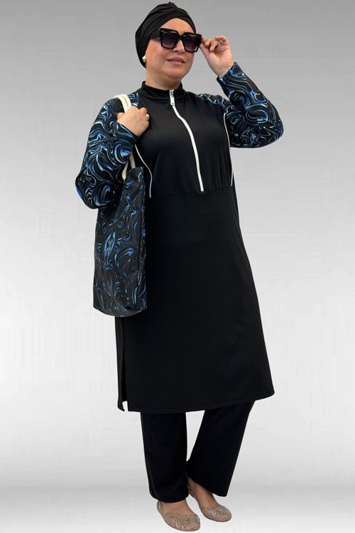 1733 Büyük Beden Fermuarlı Tesettür Mayo - Aqua Mavi-Siyah