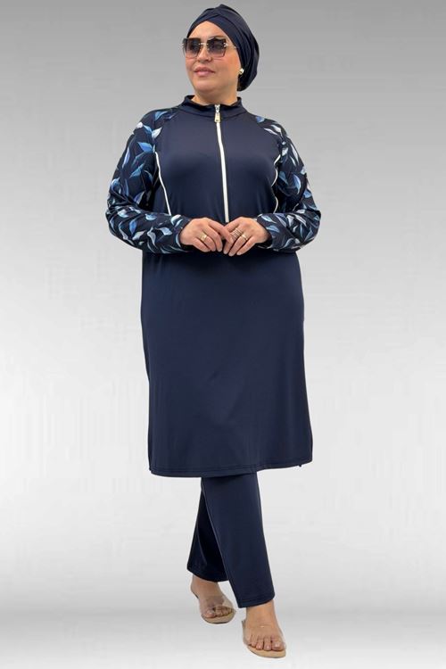 1733 Büyük Beden Fermuarlı Tesettür Mayo - Laci Yaprak Desenli-Laci