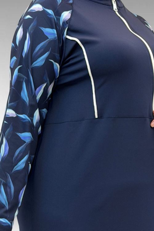 1733 Büyük Beden Fermuarlı Tesettür Mayo - Laci Yaprak Desenli-Laci