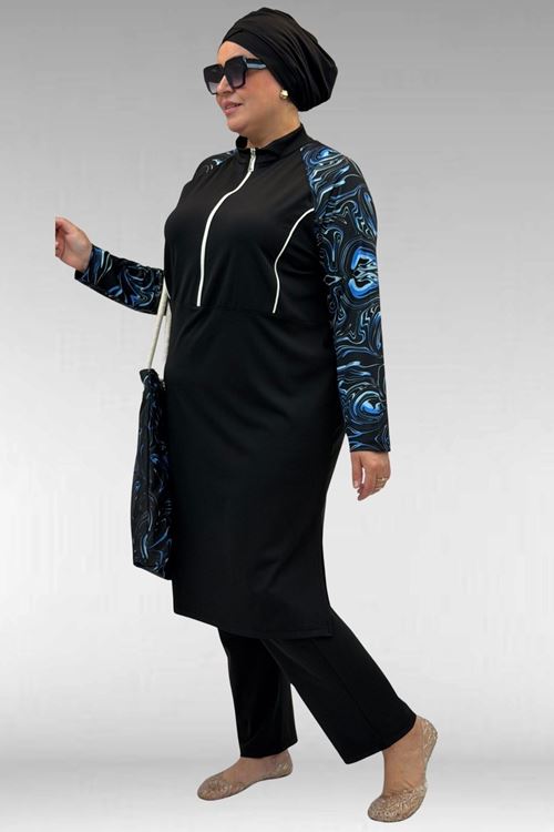 1733 Büyük Beden Fermuarlı Tesettür Mayo - Aqua Mavi-Siyah