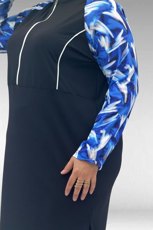 1733 Büyük Beden Fermuarlı Tesettür Mayo - Fırça Desen Saks-Siyah