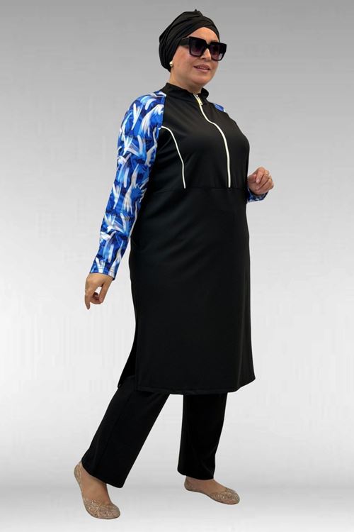1733 Büyük Beden Fermuarlı Tesettür Mayo - Fırça Desen Saks-Siyah