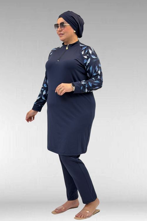 1732 Büyük Beden Balıkçı Yaka Fermuarlı Mayo - Laci Yaprak Desenli-Laci