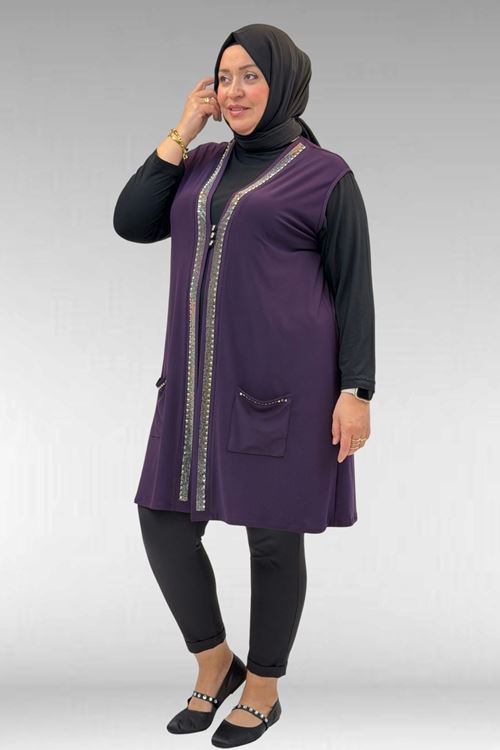 D-44001 Büyük Beden Önü Taş Detaylı Sandy Defolu Yelek - Mor