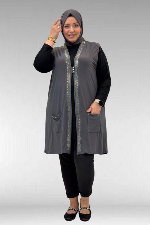 D-44001 Büyük Beden Önü Taş Detaylı Sandy Defolu Yelek - Antrasit