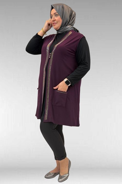 D-44001 Büyük Beden Önü Taş Detaylı Sandy Defolu Yelek - Mürdüm