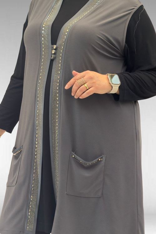 D-44001 Büyük Beden Önü Taş Detaylı Sandy Defolu Yelek - Antrasit