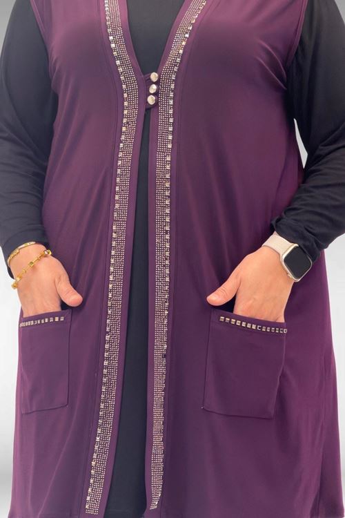 D-44001 Büyük Beden Önü Taş Detaylı Sandy Defolu Yelek - Mürdüm