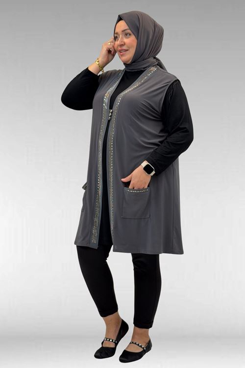 D-44001 Büyük Beden Önü Taş Detaylı Sandy Defolu Yelek - Antrasit