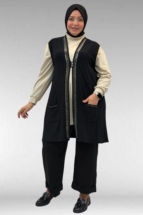 44001 Büyük Beden Önü Taş Detaylı Sandy Yelek - Siyah