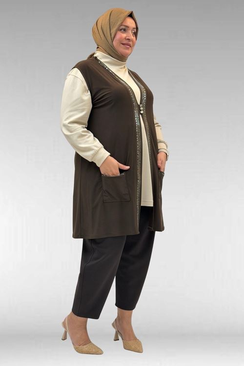 D-44001 Büyük Beden Önü Taş Detaylı Sandy Defolu Yelek - Kahve