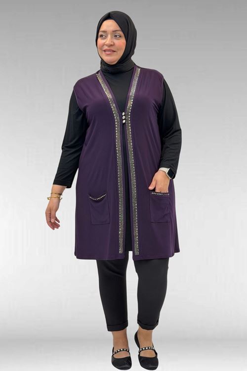 D-44001 Büyük Beden Önü Taş Detaylı Sandy Defolu Yelek - Mor