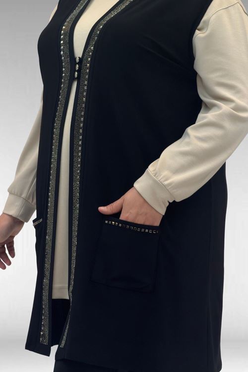 44001 Büyük Beden Önü Taş Detaylı Sandy Yelek - Siyah