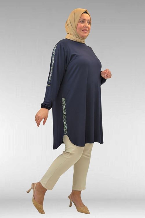 68016 Büyük Beden Yanları Taş Detaylı Penye Tunik - Lacivert