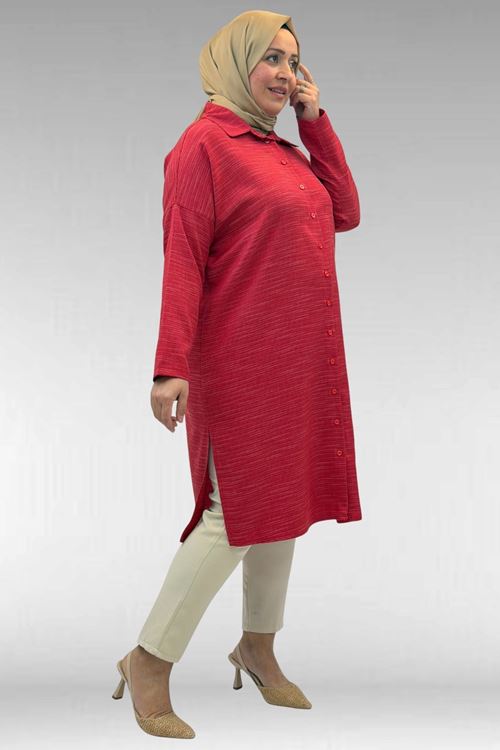 68018 Büyük Beden Düşük Kol Gömlek - Kırmızı