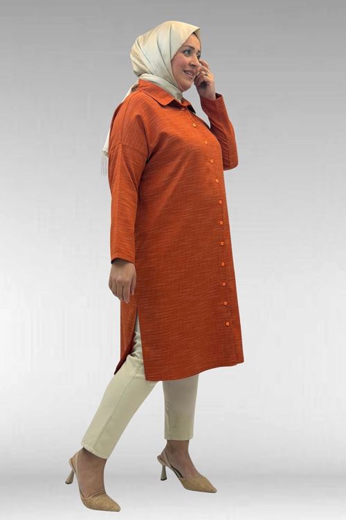 68018 Büyük Beden Düşük Kol Gömlek - Kiremit