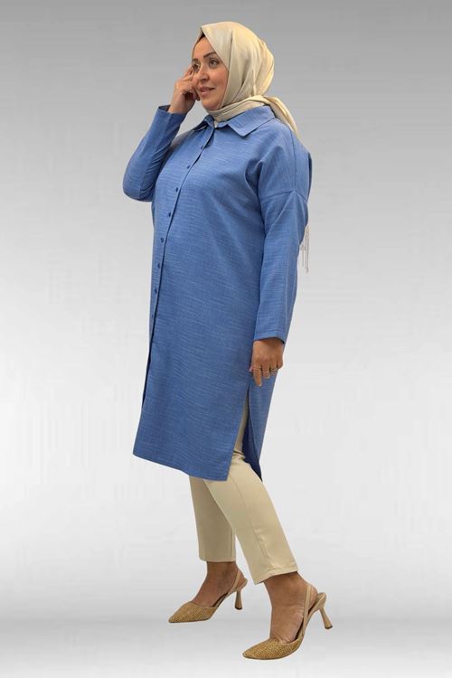 68018 Büyük Beden Düşük Kol Gömlek - İndigo