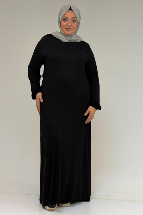 22008 Büyük Beden Kolu Lastikli Penye Elbise - Siyah
