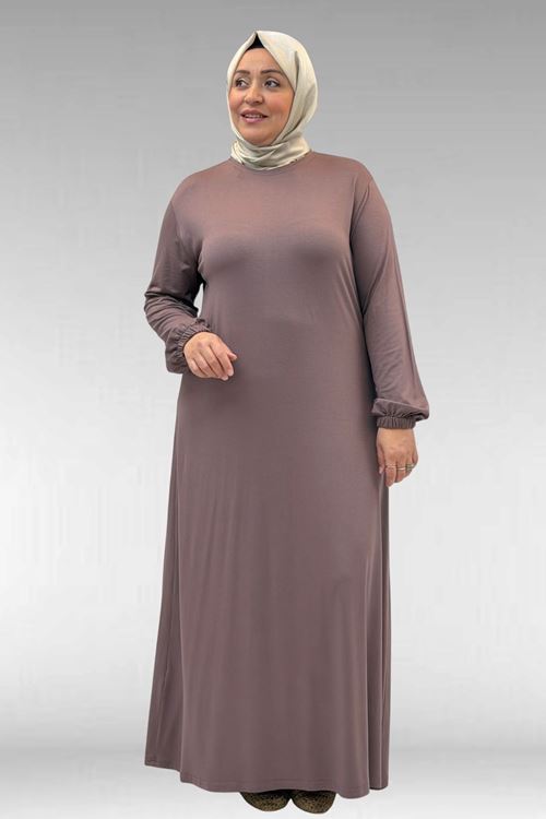 22008 Büyük Beden Kolu Lastikli Elbise - Vizon