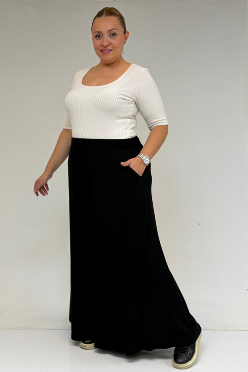 49003 Büyük Beden Beli Lastikli Penye Etek Pantolon - Siyah