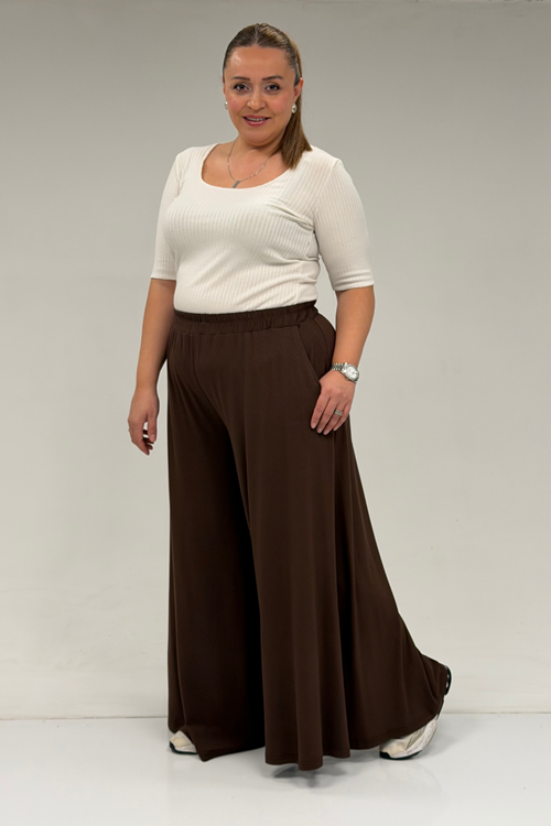 49003 Büyük Beden Beli Lastikli Penye Etek Pantolon - Kahve