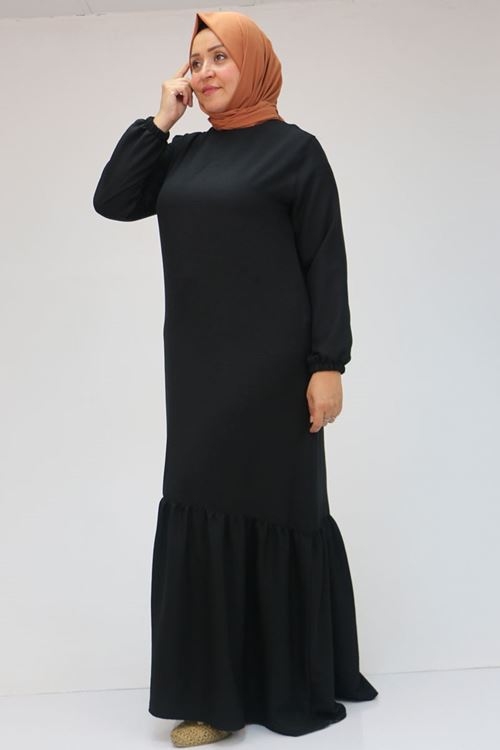 42027 Büyük Beden Eteği Büzgülü  Keten Elbise - Siyah