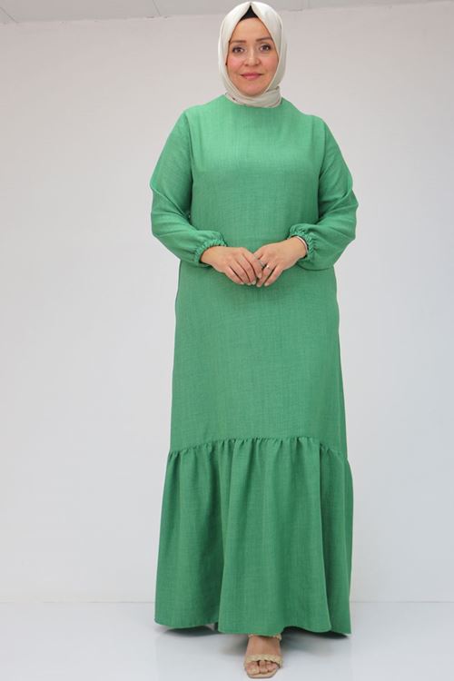 42027 Büyük Beden Eteği Büzgülü  Keten Elbise - Haki